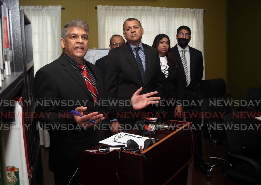Attorneys Prakash Ramadhar, Ted Roopnarine, Kishore Ramadhar, Sharon Jagernauth- Mohommed and Adil Ali, addressing the media at a press conference to talk about the next step in the Paria trading incident where several divers lost their lives. Ramadhar and company are representing several families. Photo by Lincoln Holder