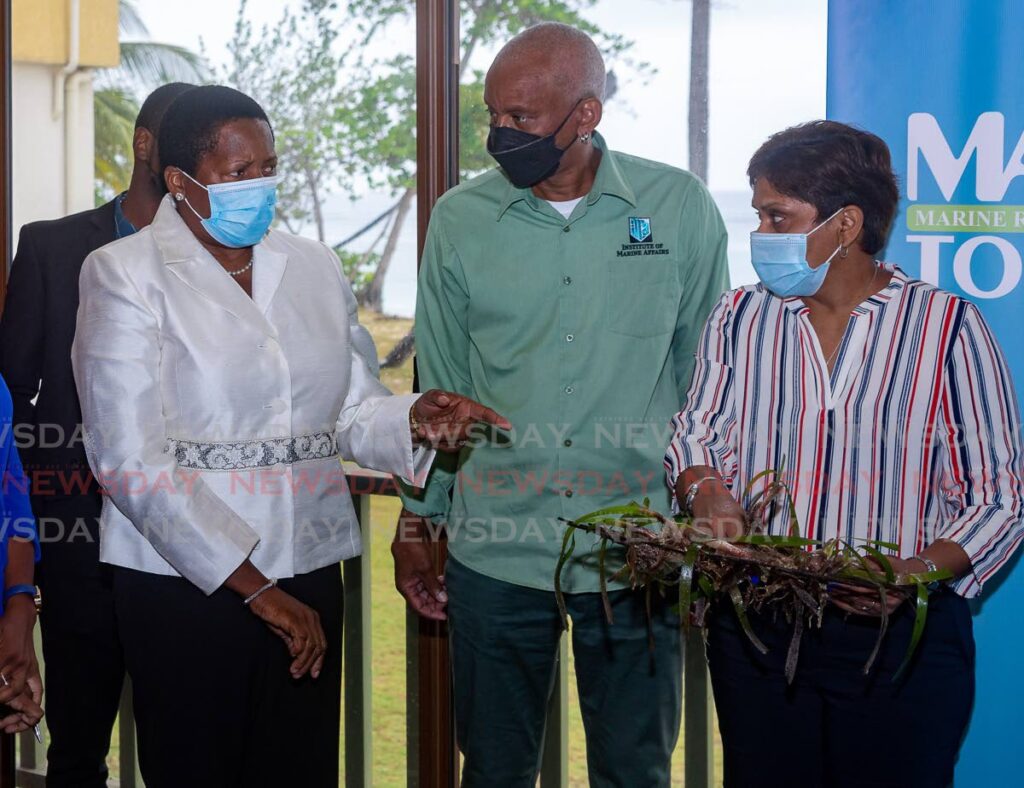 IMA acting director and wetlands ecologist Rahanna Juman, right, explains the importance of seagrass to Minister of Planning and Development Pennelope Beckles, left, and other stakeholders at a press conference on Tuesday to launch a marine pilot project, at Pigeon Point Heritage Park, Tobago. - David Reid