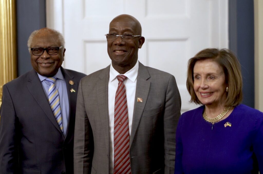 Prime Minister Dr Keith Rowley (centre) with Speaker of the US House of Representatives, Congresswoman Nancy Pelosi (right) and Majority Whip and third ranking Democrat in the House of Representatives, Congressman James Clybur (Left). Photo via OPM's Facebook page
