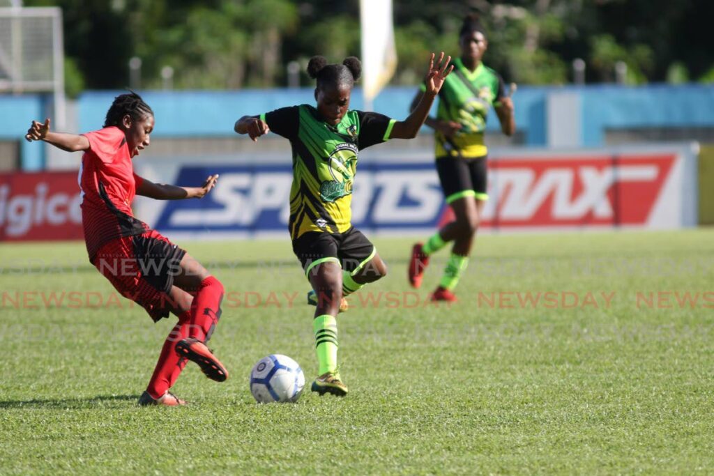 In this 2019 file photo, players from Pleasantville Secondary School play against Signal Hill Secondary School at the SSFL final at Ato Boldon Stadium, Couva. - Marvin Hamilton