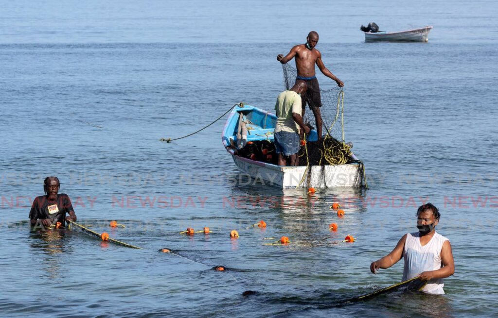 Fishermen get set to cast their net at Grafton Beach Tobago. - File photo/David Reid