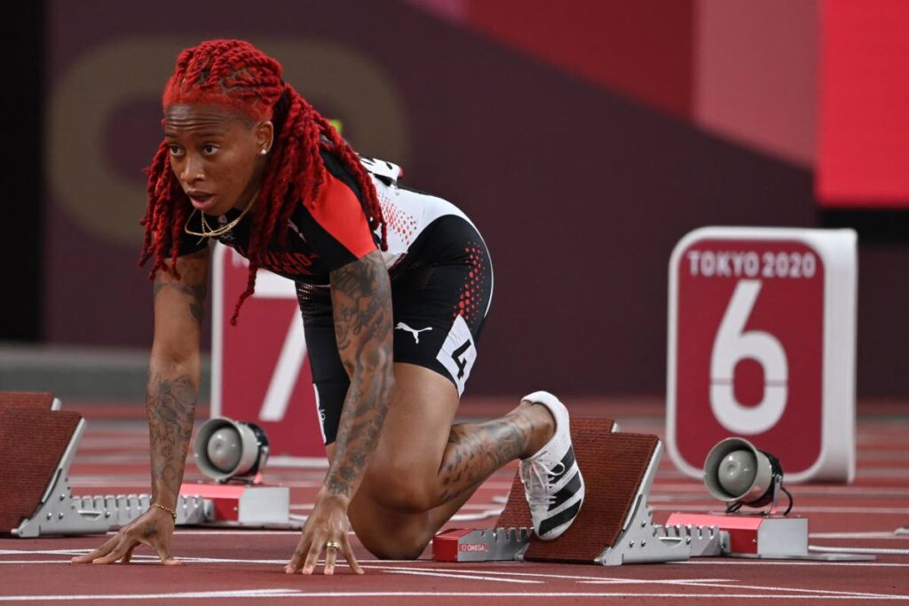 In this July 31, 2021 file photo, TT sprinter Michelle-Lee Ahye gets ready for the women’s 100m semi-final two during the Tokyo 2020 Olympic Games, at the Olympic stadium, in Tokyo. On Saturday, Ahye clocked a season-best 10.94 seconds to win the 100m at the American Track League Orange County Classic in California. - (AFP PHOTO)