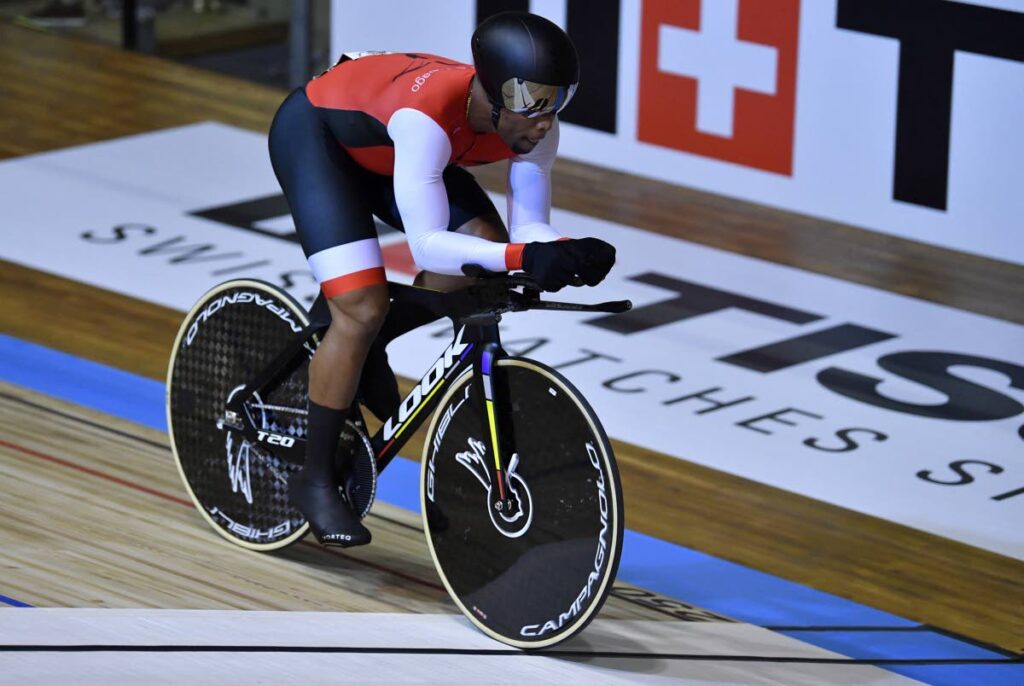 TT's Nicholas Paul competes in the men's 1K time trial final during the UCI Track Cycling World Championships at The Jean-Stablinski Velodrome in Roubaix, France, on October 22, 2021. - 