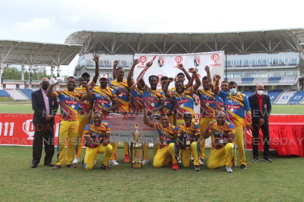 In this March 11 file photo, Steelpan Strikers celebrates winning the TTCB Dream11 Trinidad T10 Blast after their victory against the Soca King in the finals at the Brian Lara Cricket Academy, Tarouba. - Marvin Hamilton