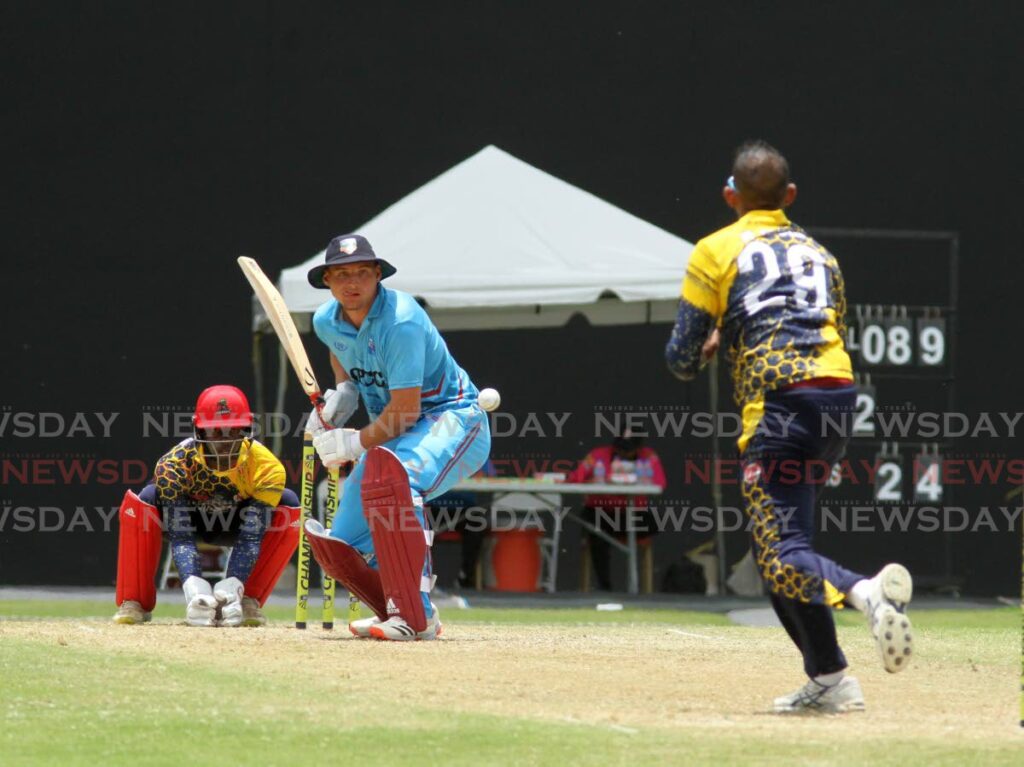 In this May 1, 2022 file photo, Central Sports’ Ryan Austin bowls to Queen’s Park Cricket Club’s Joshua Da Silva during the TTCB 50-overs match, at the Brian Lara Cricket Academy, Tarouba. Photo by Ayanna Kinsale