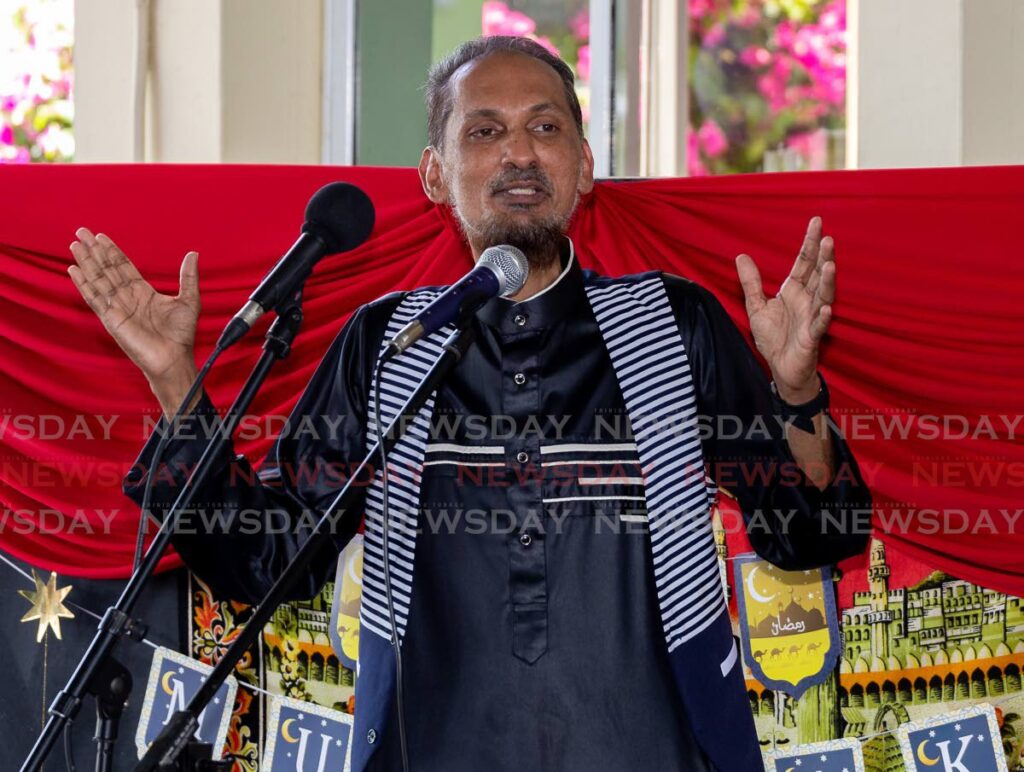 Tobago Muslim Organisation director Kameel Ali speaks at Eid-ul-Fitr celebrations on Monday at the Masjid al Tawbah, Lowlands. - Photo by  David Reid