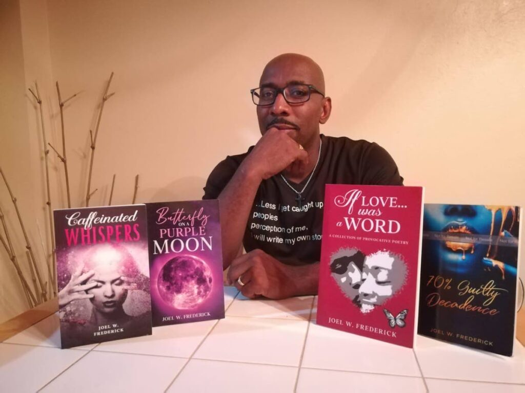 Joel Frederick with his four books of poems, reflecting on love, heartbreak, romance, and other factors that influence people’s emotions.  