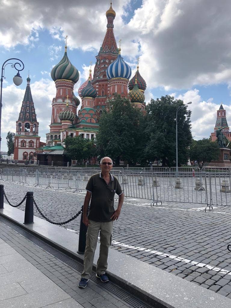 Jan Westmaas in front of St Basil's Cathedral built by Czar Ivan the Terrible in the 16th century.  Photo by Cheryll Khan. - 