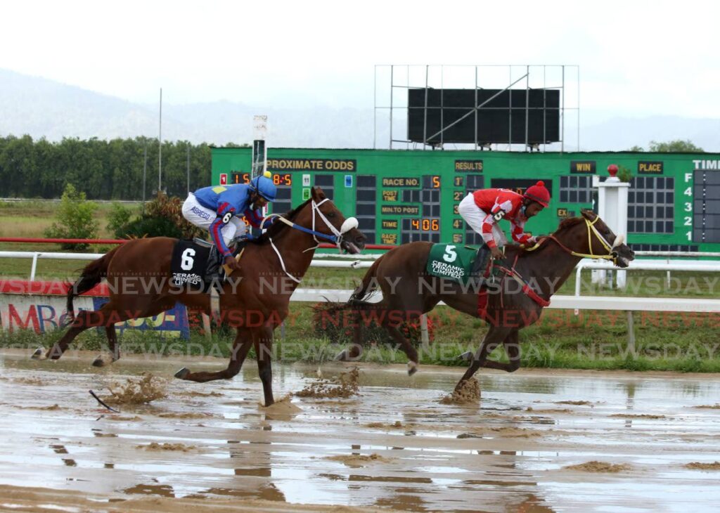 Stroke of Luck (right), ridden by Andrew Poon, wins the feature race ahead of Affirmative, ridden by Tristan Phillips, at the Santa Rosa Park, Arima on Saturday. Photo by Sureash Cholai