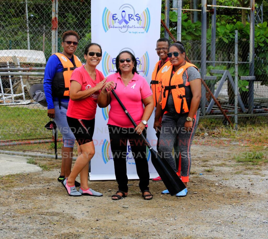 Correne Michelle O'Kieffe, (second from left) director and founder of Embracing All Real Surivors with members outside the Dragon Boat Centre in Chaguaramas. From left are Heather Thomas, Rubina Roopchan, Ettelyn Caldero and Chrissie Roopchan. - SUREASH CHOLAI