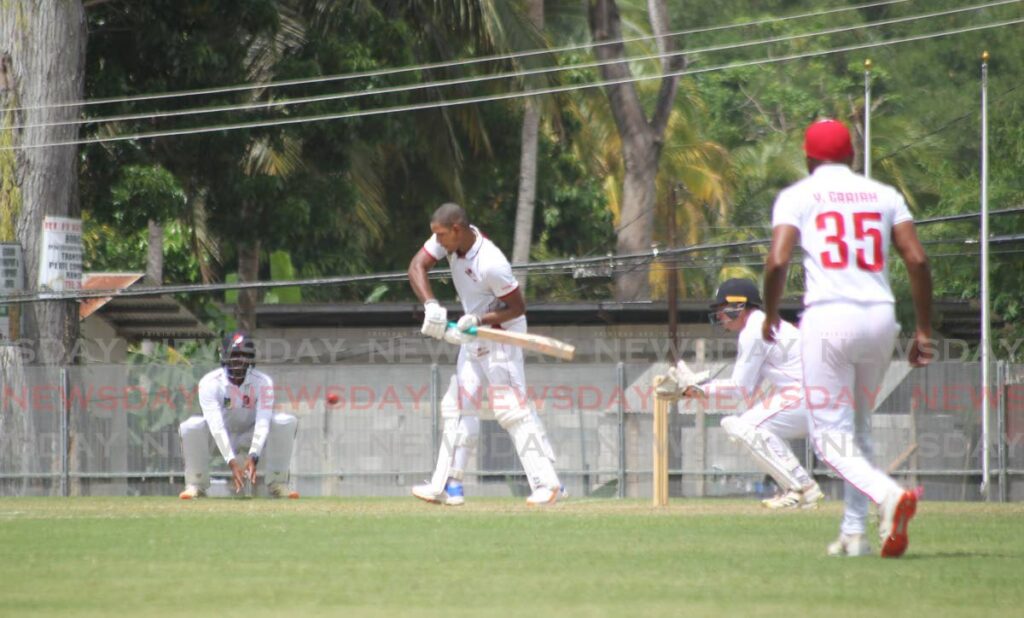 Leeward Islands Hurricanes batsman Kieran Powell plays a defensive shot during his innings of 139 against the TT Red Force on Wednesday. Photo by Roger Jacob