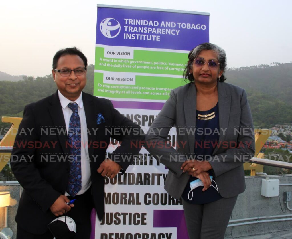 TT Transparency Institute chairman Dion Abdool and Law Association president Sophia Choate at the institute's fundraising dinner, the Brix hotel, Port of Spain on Thursday. - Photo by Sureash Cholai