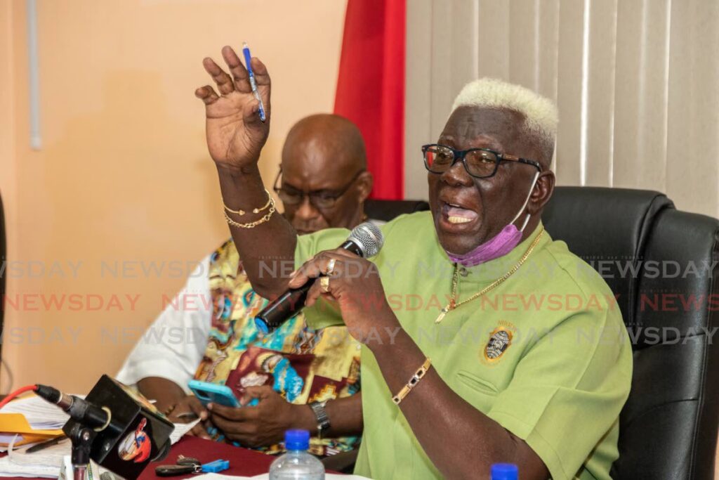 ANGRY LAMBERT:
NUGFW president general James Lambert slams Government’s two per cent salary increase over eight years offer to public servants, at a press conference on Friday at the union’s Henry Street, Port of Spain office. PHOTO BY JEFF MAYERS - 