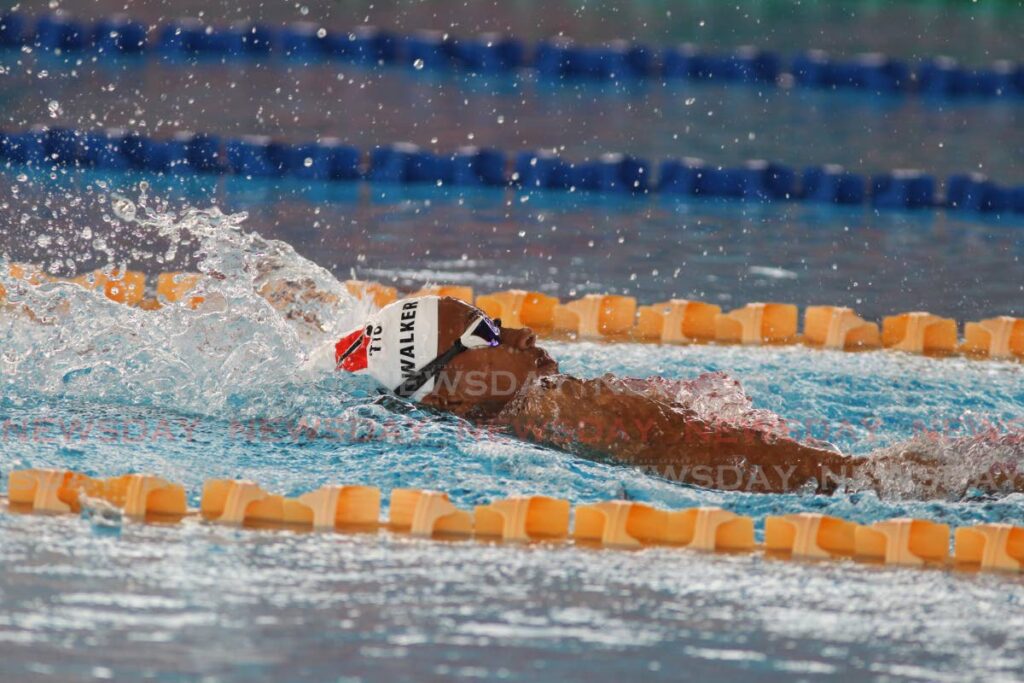 Ornella Walker competing in the girls 11-and-over 100-metre backstroke, at the National Open Long Course Championships, at the National Aquatic Centre, Couva on Saturday.  - Marvin Hamilton