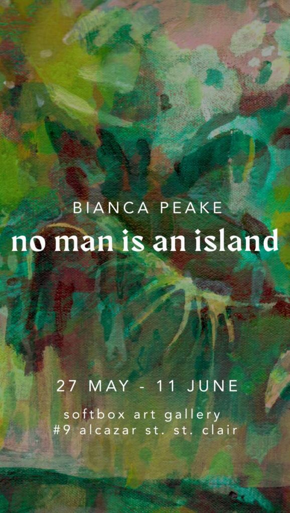 The flyer for artist Bianca Peake's exhibition, No Man is an Island. Image courtesy Bianca Peake - 