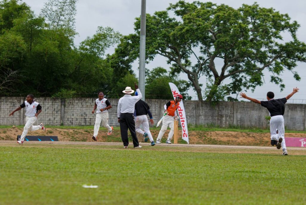 Players celebrate a wicket in the Scotiabank Under-13 NextGen Cricket tournament between South East and North at National Cricket Centre in Couva. Photo courtesy Scotiabank