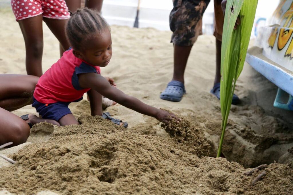 A child covers a coconut shoot with soil at Parlatuvier during a Tobago Environmental Partners coastal tree-planting exercise in November 2019.

Photo courtesy the THA Division of Infrastructure, Quarries and the Environment. - 