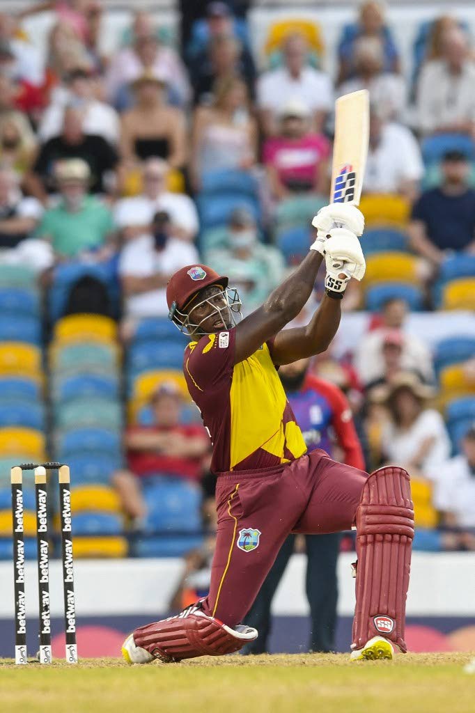 In this January 26 file photo, Rovman Powell of West Indies hits six runs during the 3rd T20I against England at Kensington Oval, Bridgetown, Barbados. - (CWI MEDIA)