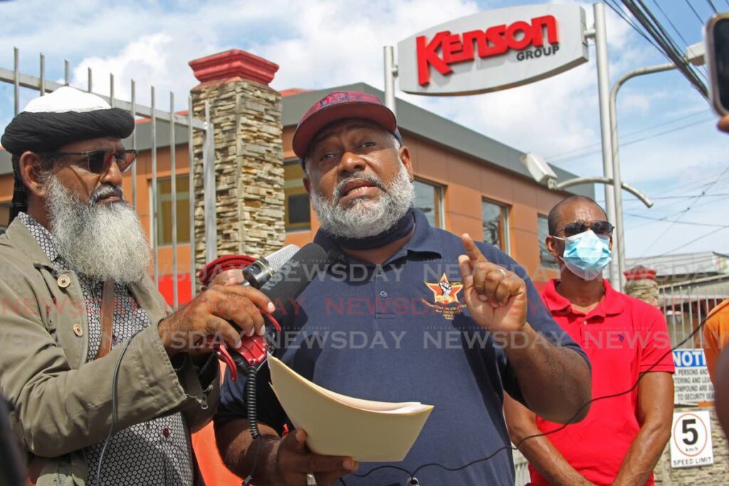 Executive trustee of the Oilfield Workers' Trade Union (OWTU) Ernesto Kesar speaks with member of the media outside Kenson Group on Lady Hailes Avenue, San Fernando. - Marvin Hamilton