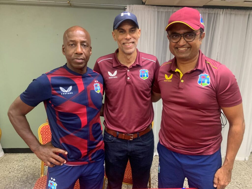 L-R: WI strength and conditioning coach Ronald Roberts, CWI director of cricket Jimmy Adams and WI men's batting coach Monty Desai at the National Cricket Centre, Couva on Tuesday.  - Courtesy TTCB