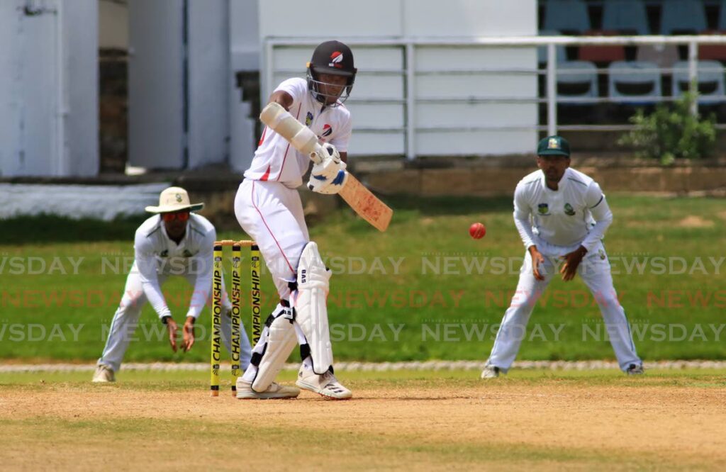 TT Red Force batsman Jeremy Solozano looks to play a shot against the Guyana Harpy Eagles, on Wednesday, during the CWI Regional Four-Day Championship match, at the Queen's Park Oval, St Clair.  - SUREASH CHOLAI