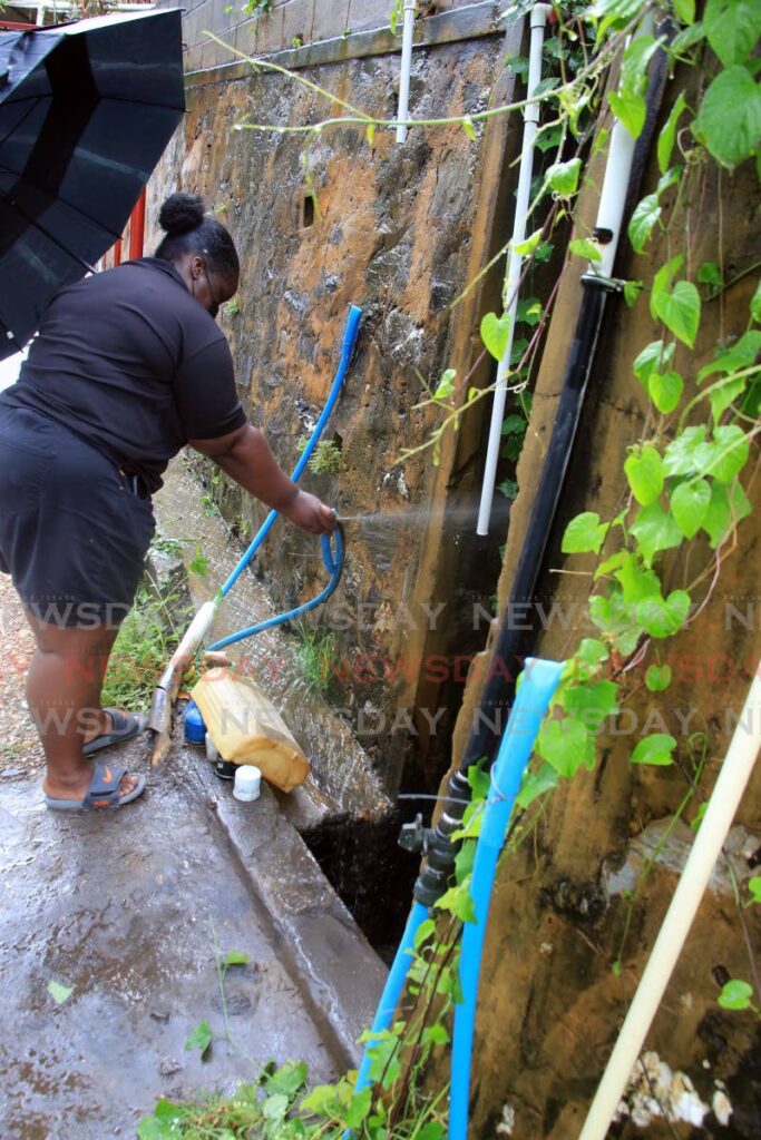 Dana Herbert shows where thieves stole the brass fittings from pipelines that
lead to their homes on Issac Terrace, Upper Bournes in St James. - SUREASH CHOLAI