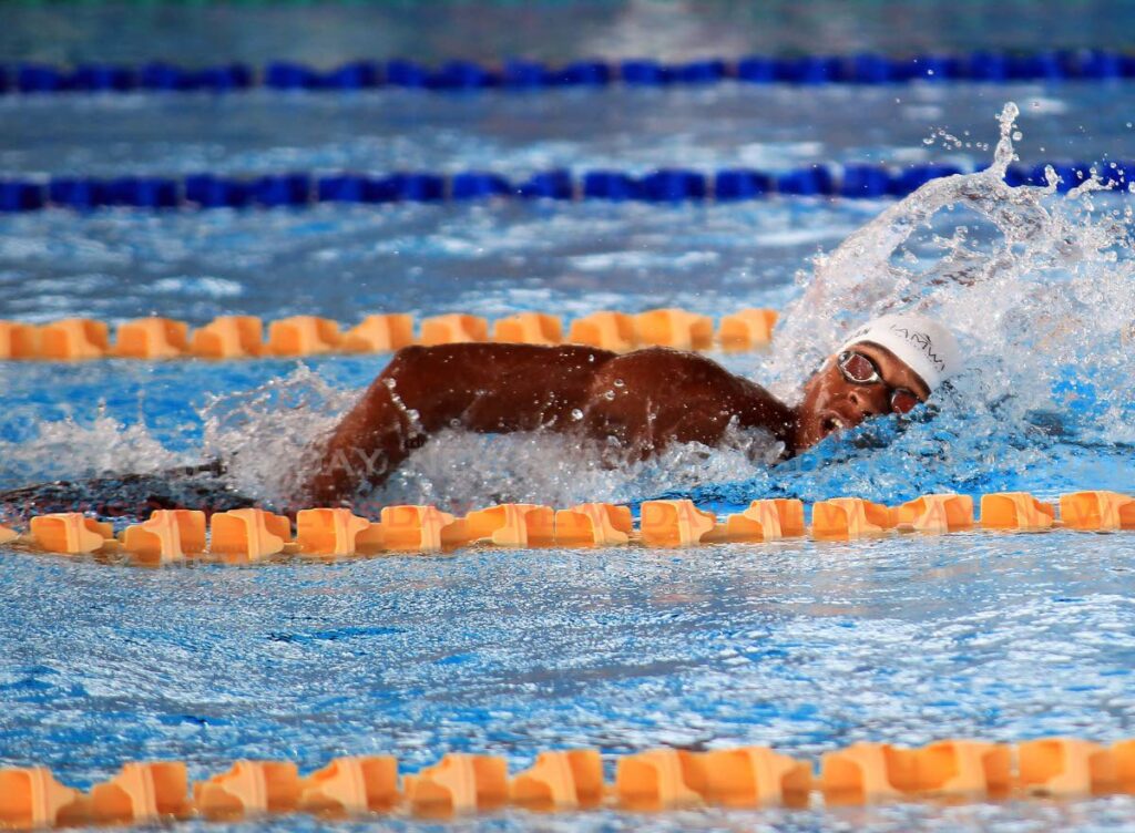 TT's Nikoli Blackman competes in the 1500m freestyle at the Pan American Age Group Swimming Championships, on Sunday, at the National Aquatic Centre, Couva.  Photo by Lincoln Holder