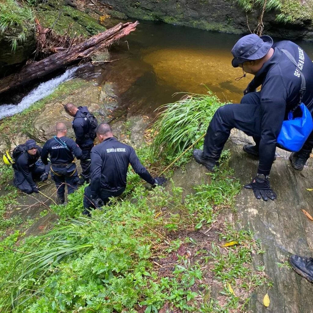 THE SEARCH IS ON: Members of the Fire Services search and rescue team are seen in this photo posted to the TT Fire Services Facebook page, in the Rincon forests on Sunday during a successful rescue of missing hiker Andre Rock. Photos courtesy Trinidad and Tobago Fire Services 