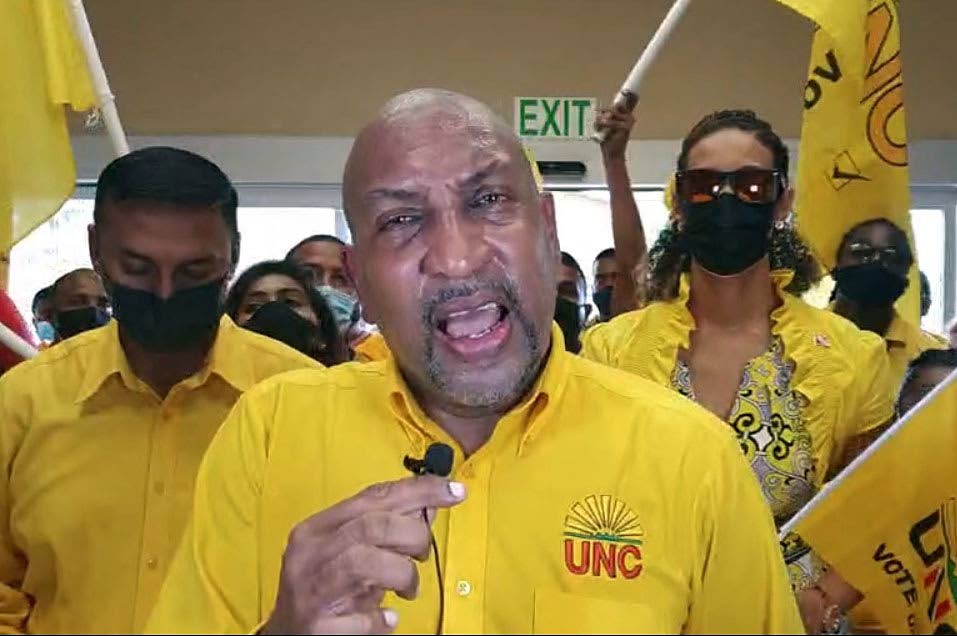'LOOK MEH': UNC senator Anil Roberts speaks at the party's headquarters in San Fernando on Sunday, after filing his nomination for the post of northeast regional co-ordinator in the June 26 internal elections. Photo courtesy UNC