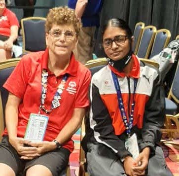 Special Olympics TT athlete Alicia Khan, right, with her bocce singles semifinals opponent Kathy Lubach at the 2022 Special Olympics USA Games in Orlando, Florida. 