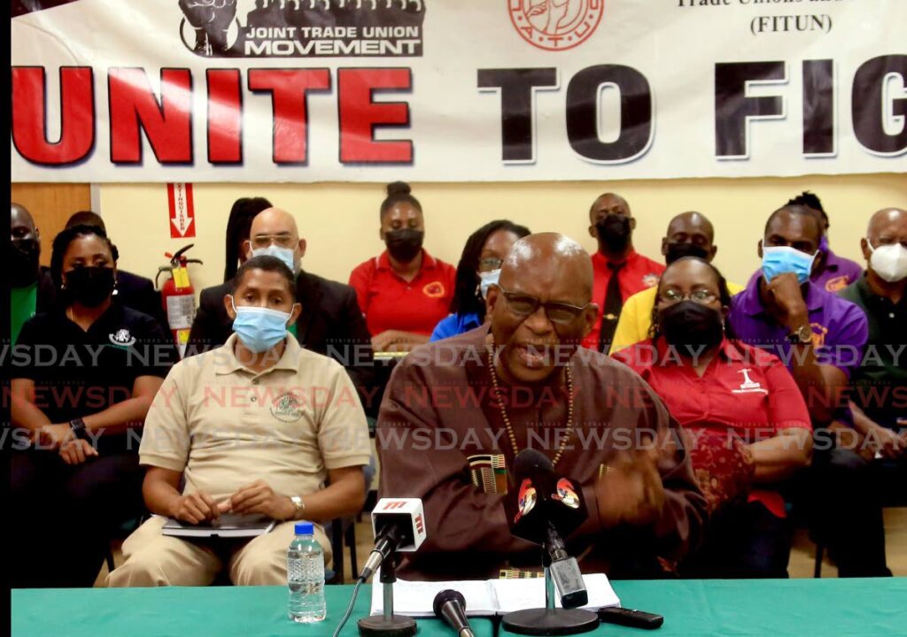 National Trade Union Centre general secretary Michael Annisette, centre, alongside trade union leaders during a media conference at the Banking, Insurance and General Workers Union head office in Barataria on June 8. - File photo by Sureash Cholai