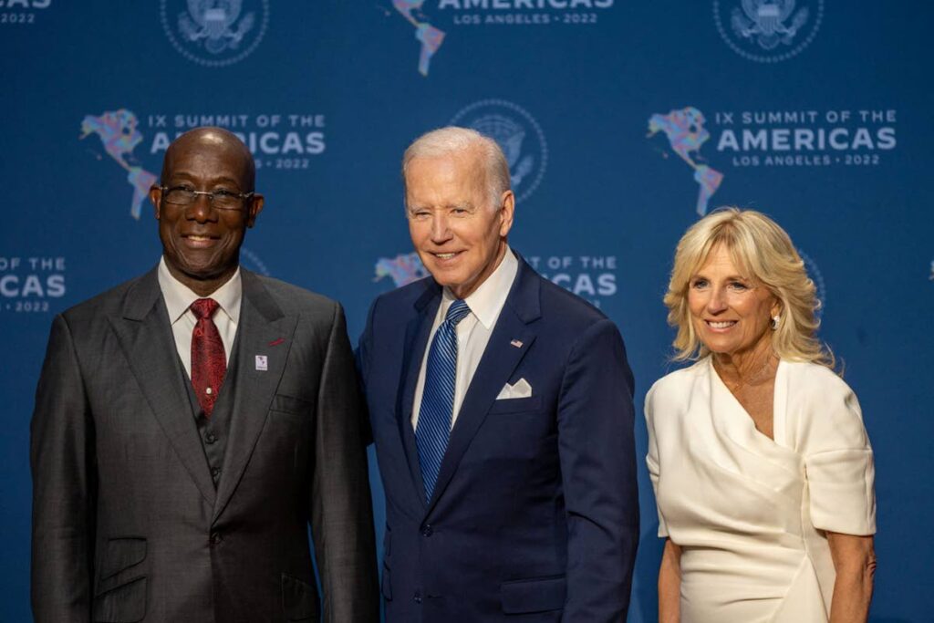 Prime Minister Dr Keith Rowley with US President Joe Biden and First Lady Dr Jill Biden at the inaugural event of the IX Summit of the Americas in Los Angeles, California on June 8 - COURTESY OFFICE OF THE PRIME MINISTER