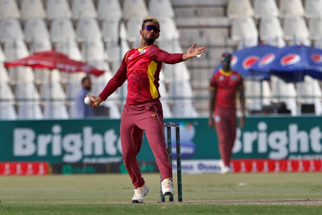 West Indies' Nicholas Pooran bowls during the third and final One-Day International between Pakistan and West Indies at the Multan Cricket Stadium, in Multan, Pakistan, on Sunday. (AP PHOTO) - 