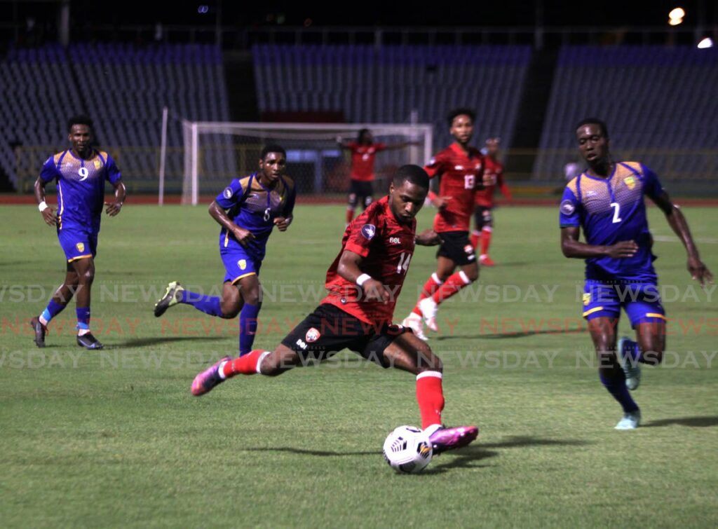 Trinidad and Tobago’s Shannon Gomez passes the ball during the Concacaf Nations League Group C League B match, on Monday, against St Vincent and the Grenadines, at the Hasely Crawford Stadium, Port of Spain. TT won 4-1.  - ROGER JACOB