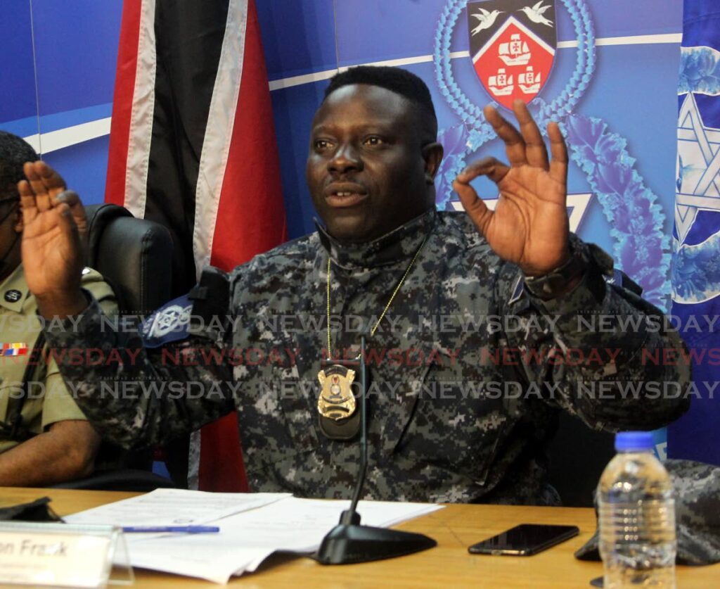 Assistant Superindent, Guard and Emergency Branch Avalon Frank speaks at a police media briefing at the Police Administration Building, Port of Spain, Friday. - ANGELO MARCELLE