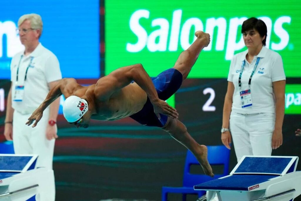 Dylan Carter of Trinidad and Tobago competes during men's 50m butterfly semifinal 2 at the 19th FINA World Championships in Budapest, Hungary, on Saturday. (AP Photo) 