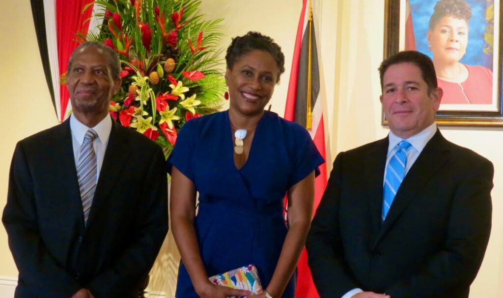 Prof Christine Carrington with Prof Compton Bourne (left) chairman of the Eminent Persons Panel, and Andrew Sabga, chairman of the Ansa McAl Foundation, at President's House, Port of Spain On June 14. - 