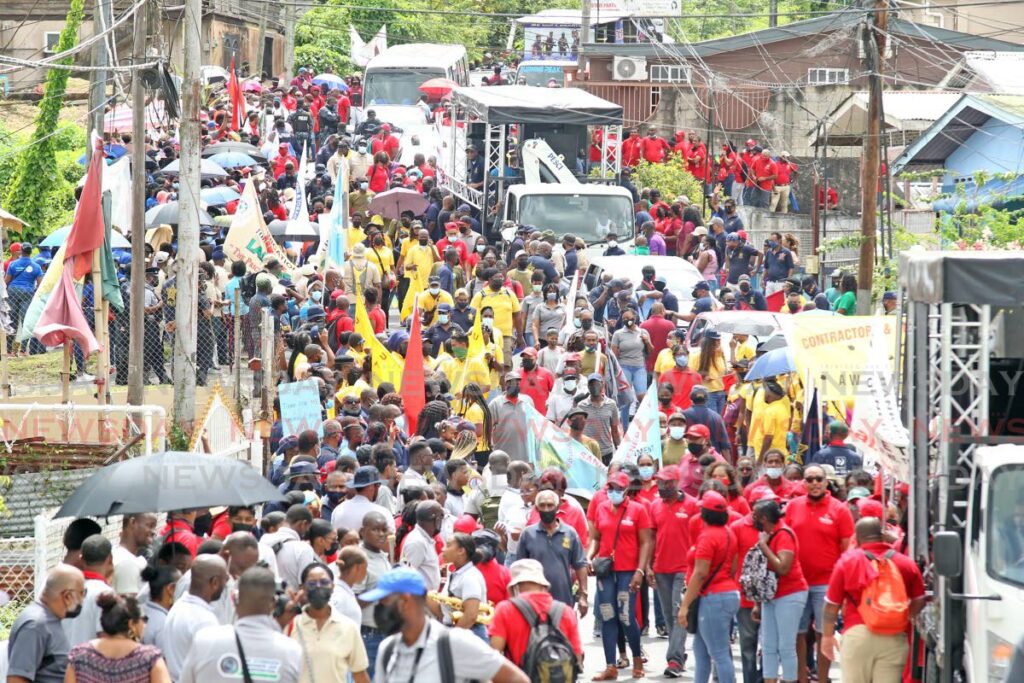 A cross section of union members taking part in Labour Day celebrations in Fyzabad on Sunday. - Lincoln Holder