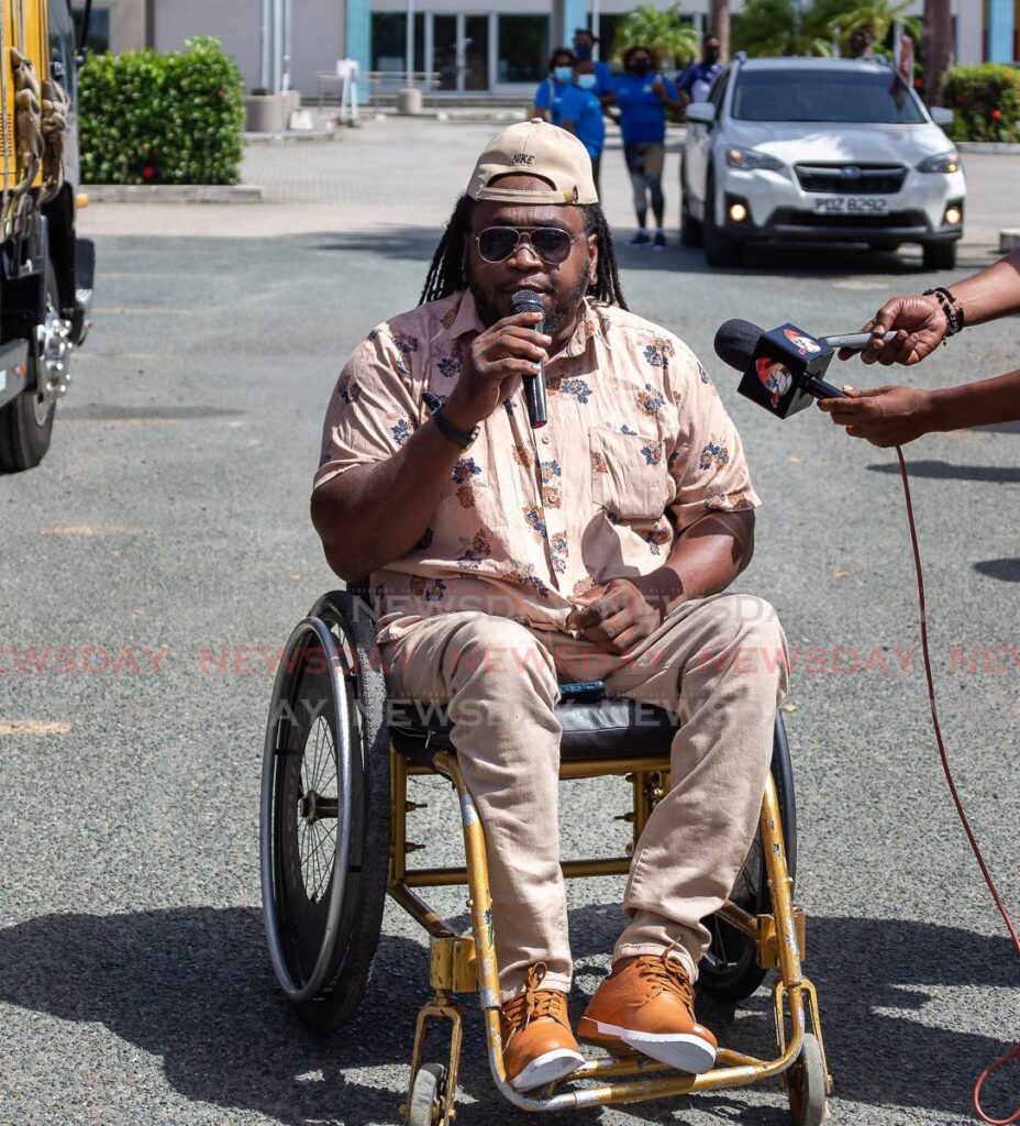 Trinidad and Tobago Chapter of Persons with Disabilities PRO Kerwin Thomas speaks to the media before Sunday's Labour Day march from Gulf City Mall, Lowlands, to Scarborough. - David Reid