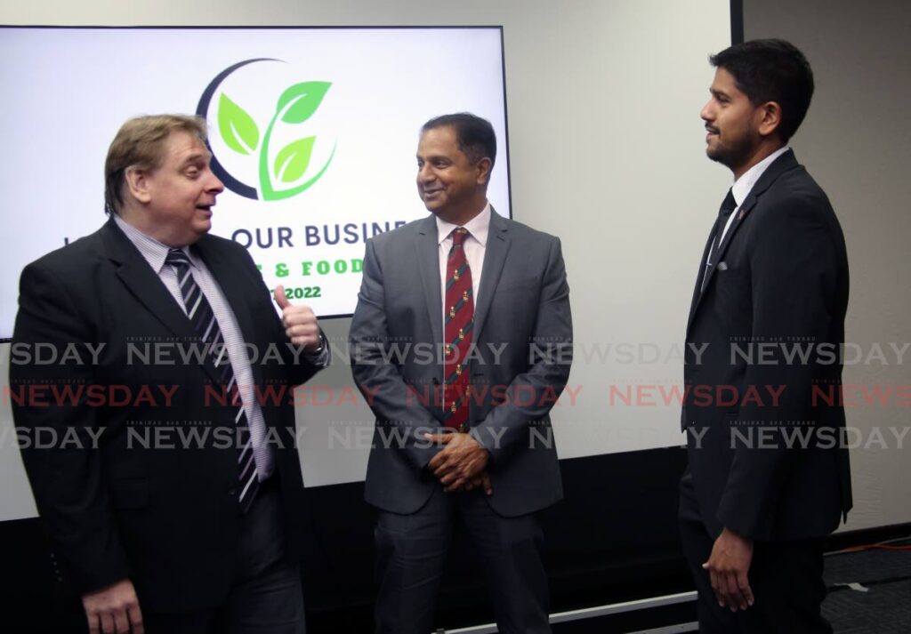TT Chamber of Industry and Commerce president Charles Pashley, from left, Southex Trade Shows and Promotions CEO George Singh and Supermarket Association president Rajiv Diptee at the launch of the Agriculture and Food Expo at the chamber headquarters, Westmoorings, Port of Spain on June 22. - SUREASH CHOLAI