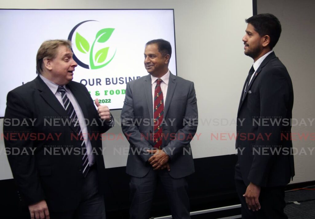 From left: President of the TT Chamber of Industry and Commerce Charles Pashley, Southex Trade Shows and Promotions CEO George Singh and president of the Supermarket Association of Trinidad and Tobago Rajiv Diptee at the launch of Southex's Agriculture and Food expo at  T&T Chamber of Industry and Commerce in Westmoorings on Wednesday. - SUREASH CHOLAI