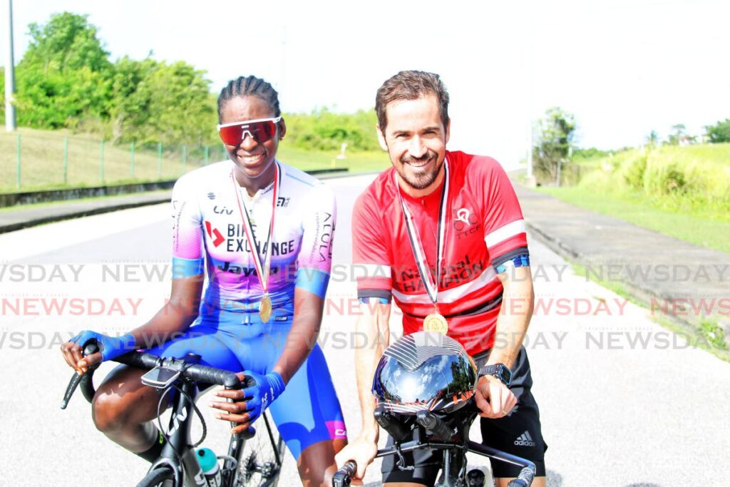 Teniel Campbell (left) and Jason Costelloe after winning the respective women's and men's time trials, at the National Road Championship on Saturday. - Lincoln Holder