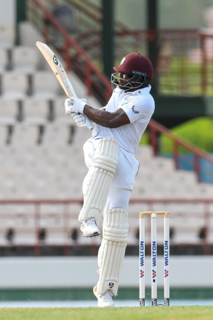 Kyle Mayers, of West Indies, hits a four to bring up his century during the second day of the 2nd Test against Bangladesh at the Darren Sammy Cricket Ground in Gros Islet, St Lucia, on June 25.. (CWI Media) - 