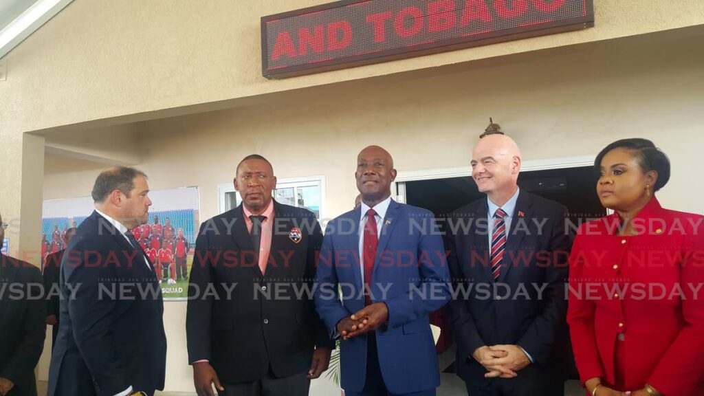 In this November 18, 2019 file photo, from left to right - CONCACAF president Victor Montagliani, then-TTFA president David John-Williams, PM Dr Keith Rowley, FIFA president Gianni Infantino, Sport minister Shamfa Cudjoe, during the opening of the Home of Football in Couva. PHOTO BY NARISSA FRASER - 