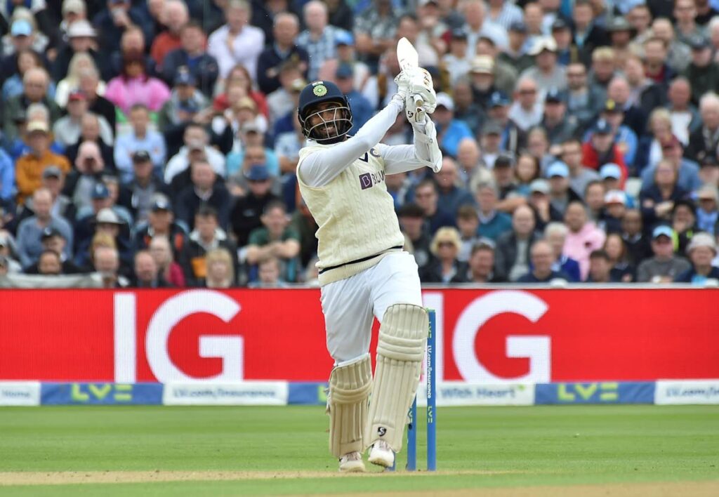 India's Jasprit Bumrah bats during the second day of the fifth Test match between England and India at Edgbaston in Birmingham, England, on Saturday. (AP PHOTO) - 