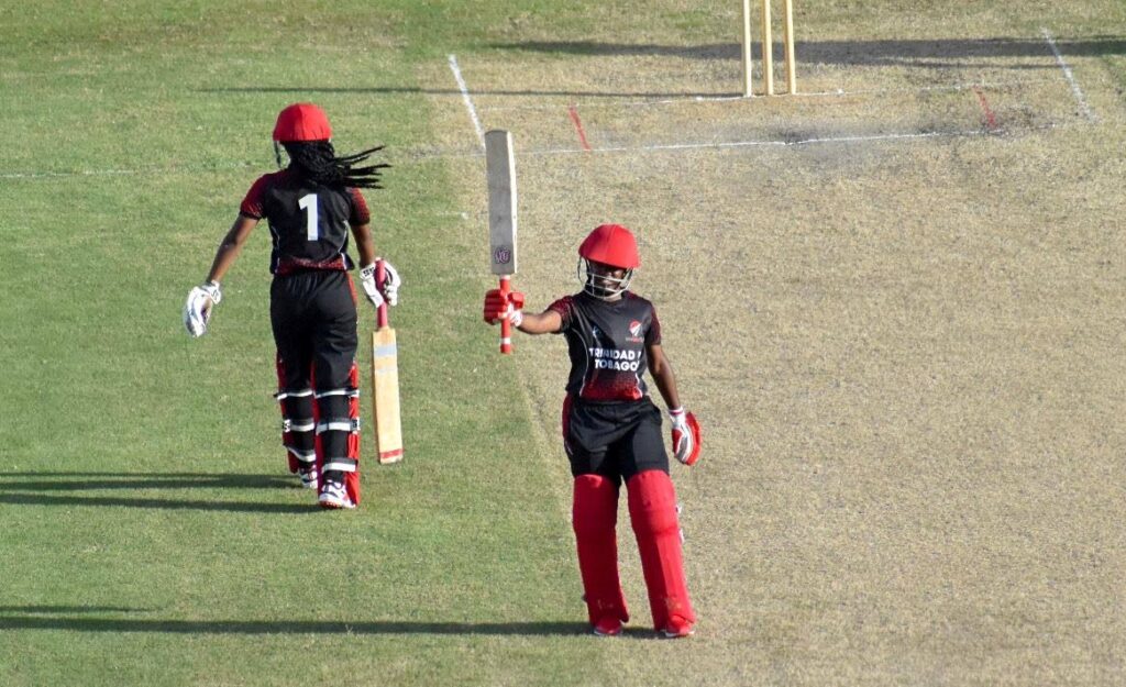 TT's Djenaba Joseph salutes the crowd at Brian Lara Cricket Academy, Tarouba on Wednesday after scoring a half century (56 not out) in her team's seven-wicket win over Barbados in the CWI U19 Rising Stars T20 Tournament.  - CWI MEDIA