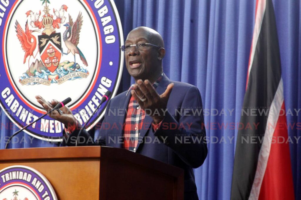 Prime Minister Dr Keith Rowley during Thursday's post-Cabinet news conference at the Diplomatic Centre, St Ann's. - ROGER JACOB