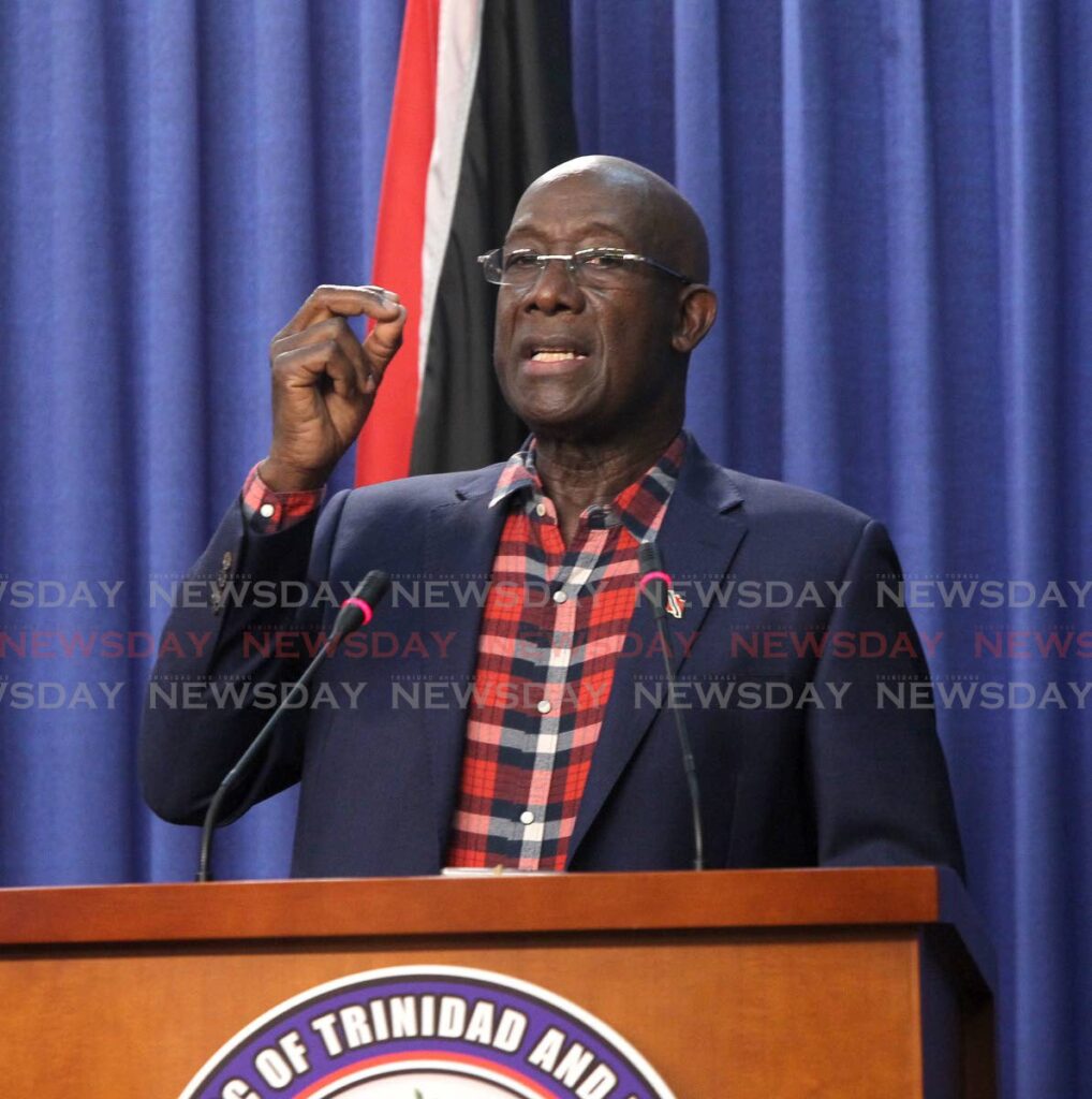 Prime Minister Dr Keith Rowley at the post-Cabinet news conference at the Diplomatic Centre, At Ann's on Thursday. Photo by Roger Jacob