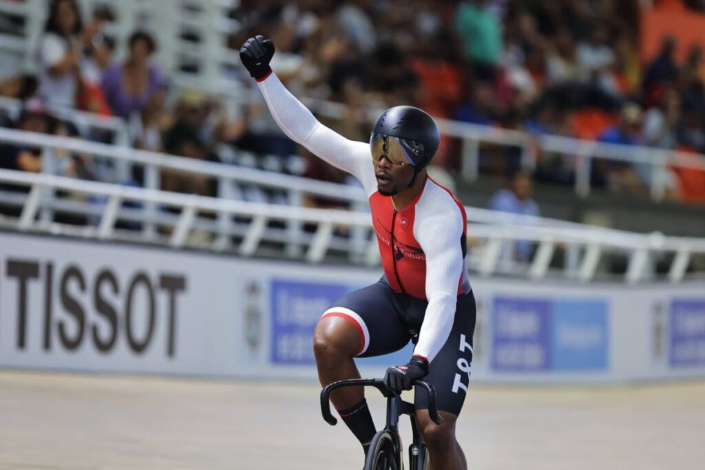 Trinidad and Tobago’s Nicholas Paul celebrates his victory over Netherlands' Harrie Lavreysen in the men’s sprint, at the Tissot International Cycling Union Track Nations Cup in Cali, Colombia on Sunday. PHOTO COURTESY UCI TRACK CYCLING. - 