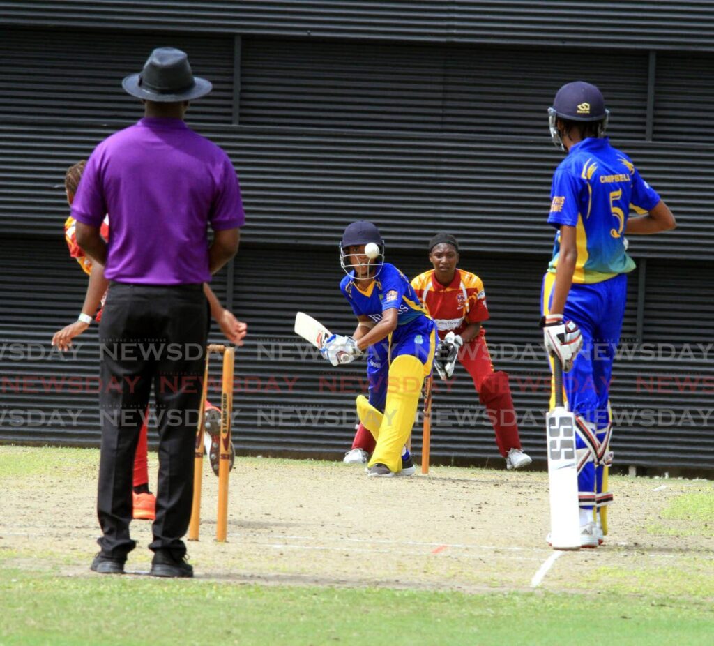 Nia Woods, of the Barbados Pride, plays a shot during her team’s CWI Rising Stars Girls U19, T20 match against the Leeward Islands, at the Diego Martin Sporting Complex, on Monday. Photo by Angelo Marcelle